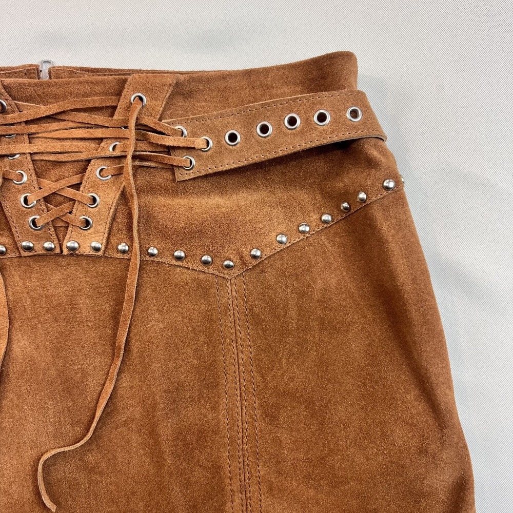 Muubaa 100% Suede Leather Mini Skirt Tan Western Boho Lace‎ Up Stud Detail Sz 10 - Picture 5 of 13